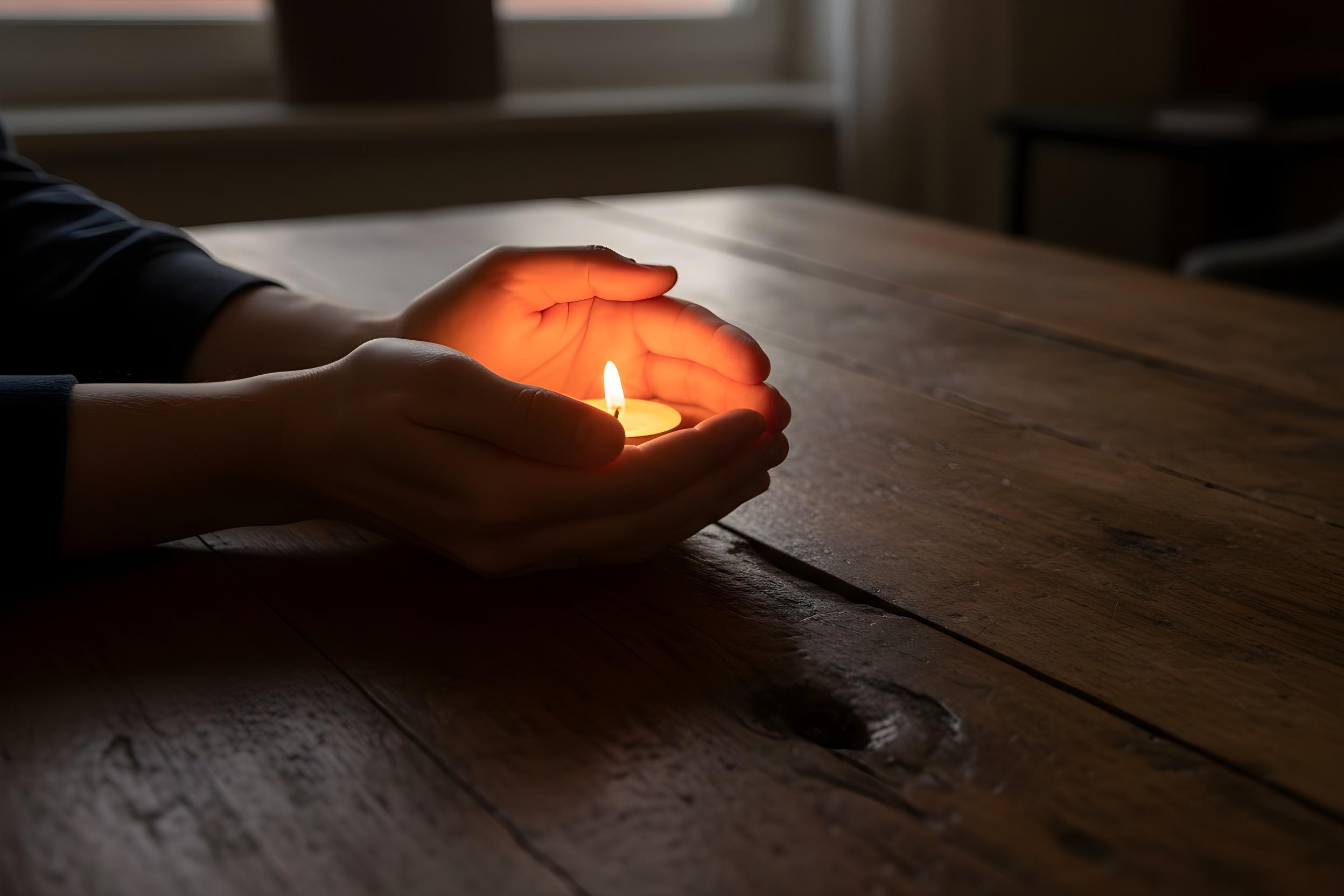 Trauerfoto, zwei Hände halten ein Teelicht